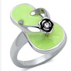 Silver Steel Flip Flop Ring Island Size 7 Stainless Steel Enamel Green Beach